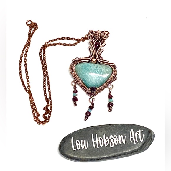 HANDCRAFTED Amazonite, Garnet and Copper Hand Wrapped Statement Pendant, Gift - Picture 1 of 10
